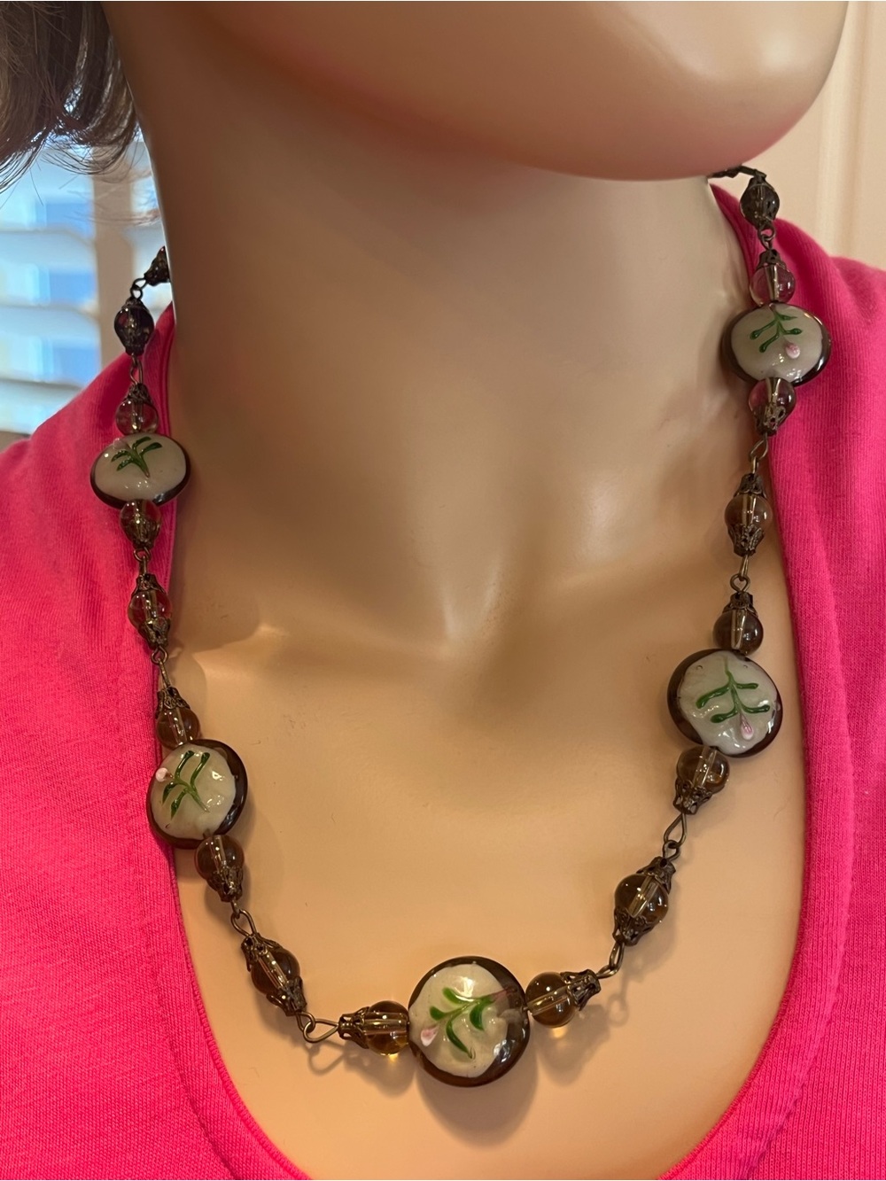 Hand-Painted Vintage Art Deco glass station necklace - floral linked